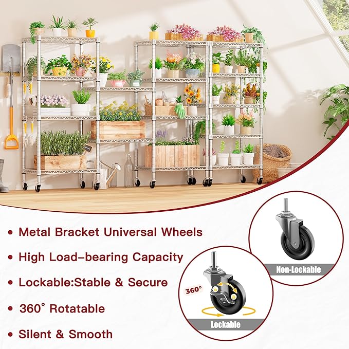 PrimeZone 2 Pack Steel Storage Wire Shelving 5 Tier Metal Shelves with Wheels,Adjustable Kitchen Utility Shelving Unit,Pantry Rack Rolling Metal Shelf Laundry,Chrome 24" Wx18 Dx75 H