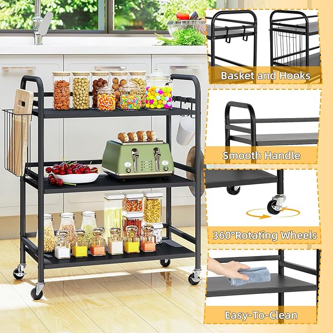 HDANI 3 Tier Metal Rolling Utility Cart,High Capacity Multi Purpose Heavy Duty Cart for Office,Kitchen,Living Room,Bedroom,Black