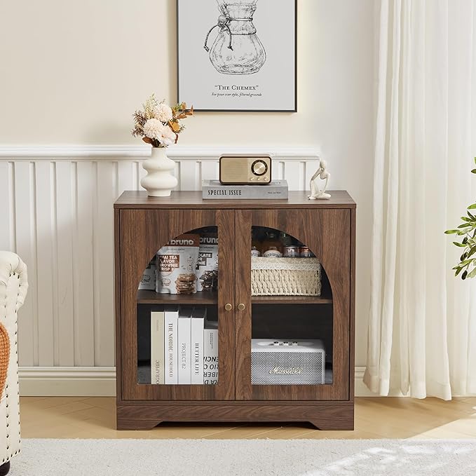 27" Floor Storage Cabinet, Mid-Century Wood Sideboard Buffet Cabinet with Display Arched Acrylic Door & 3-Level Adjustable Shelve for Bathroom, Living Room, Kitchen, Coofee Bar (Walnut)