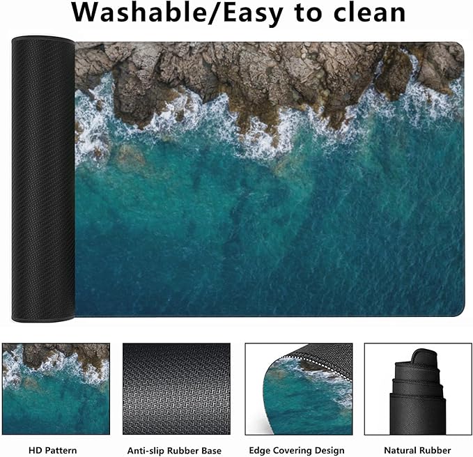 Desk Mat,Sea Waves and Fantastic Coast Gaming Mouse Pad,XXL Extended Mouse Pad Mat for Office,Computer,Keyboard with Non-Slip Base Stitched Eges Mousepad 35.4x15.75 inch