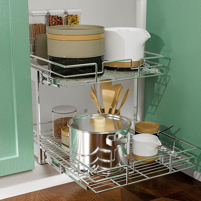 LOVMOR 2 Tier Individual Pull Out Cabinet Organizer 22½" W x 21½" D, Slide Out Kitchen Cabinet Storage Sliding Shelves