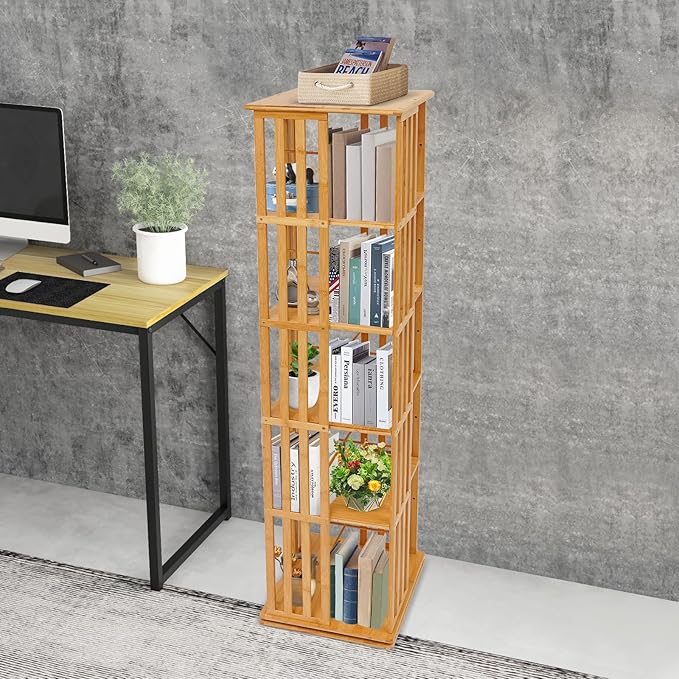 Rotating Bookshelf 5-Tier, 14.57x14.57x59.06in Floor Standing Book Storage Display Rack, Multi-Tiered Organizer for Books, Wood Color Rotatable Bookshelf for Study Rooms, Bedrooms, Living Rooms