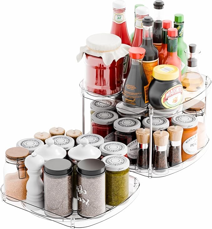 Yieach 2 Pack Rectangle Lazy Susan for Refrigerator,12″x10″ Square Fridge Turntable Organizer & Tray and 2 Tier Rotating Spice Rack for Jar,Can,Medication,Condiments,Seasoning Organizer for Cabinet