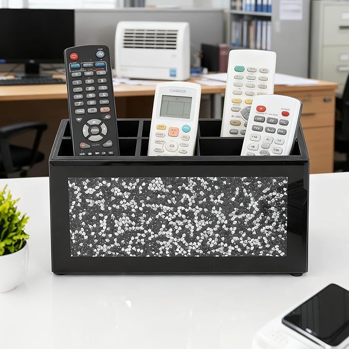 SHYFOY Remote Control Holder with 6 Compartments, Black Glass Desktop Organizer, Crystal Detail Design, 4.3x8.3x4 Inches, Multi-Purpose Storage Caddy for TV Remotes and Office Supplies
