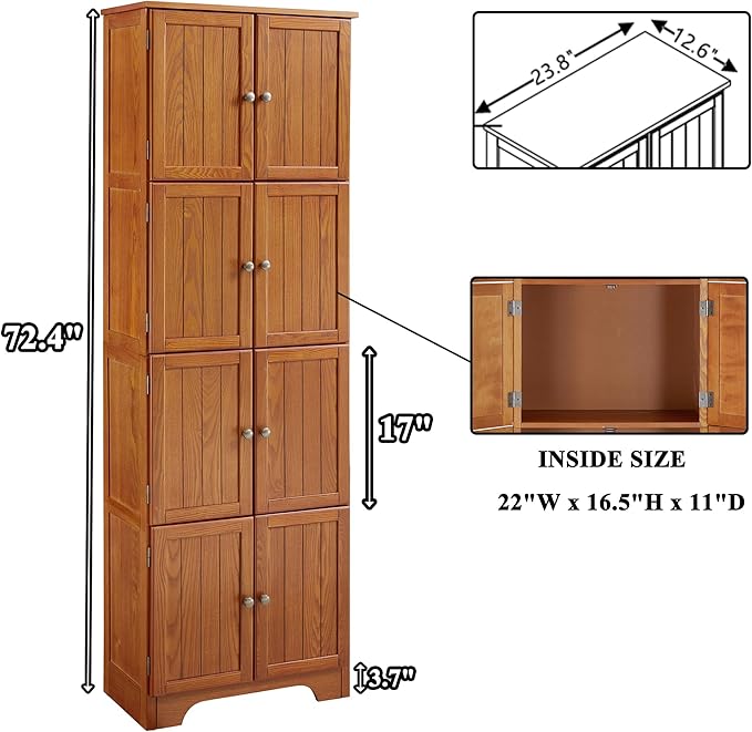 72" Tall Farmhouse Storage Cabinet, 4 Tier Kitchen Pantry Cabinet with 4 Shelves & 8 Doors, Freestanding Floor Storage Cabinet Wooden Organizer Bookcase for Living Room, Kitchen (Oak)