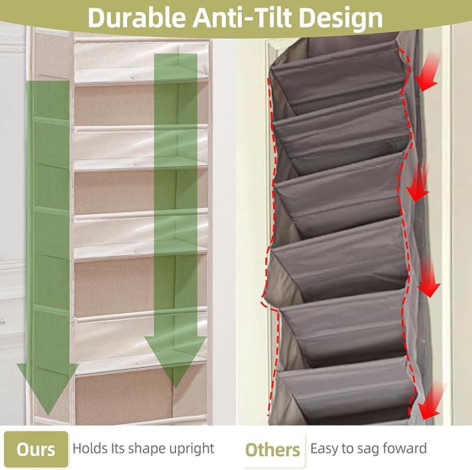 Over Door Organizer with 6 Extra Large Pockets 12 Side Pockets, 2-Pack Sturdy Closet Rack, Hanging Storage Organizer with Clear Window for Shoes, Diapers, Toys, Bedroom, Bathroom, Beige