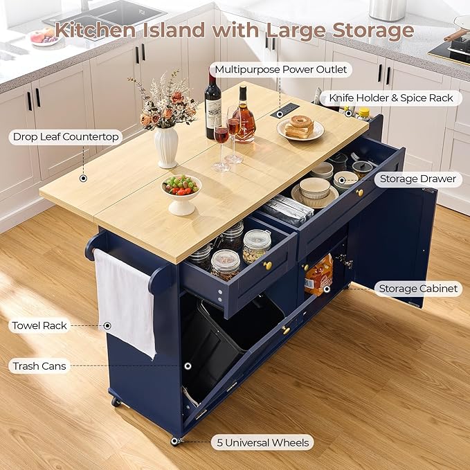 60.2" Kitchen Islands with Storage, Rolling Island Table with Trash Can Storage Cabinet, Mobile Island Cart with Drop Leaf & Power Outlet & Spice Rack & Towel Rack & Knife Holder, Blue