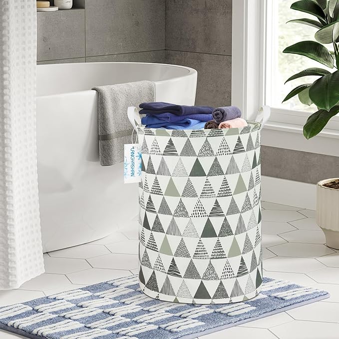 LANGYASHAN Laundry Basket Canvas Fabric Collapsible Organizer Basket for Storage Bin Toy Bins Gift Baskets Bedroom Clothes Children Nursery Hamper (Grey triangle)