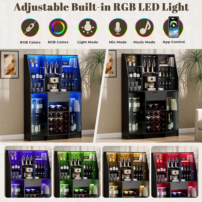 59.05" Wine Bar Cabinet W/ LED Lights & Tempered Glass Door, Home Bar Liquor Storage Cabinet With 16 Grid Wine Glass Rack & Adjustable Shelves,Coffee Cabinet with Drawer for Living Room, Dining Room