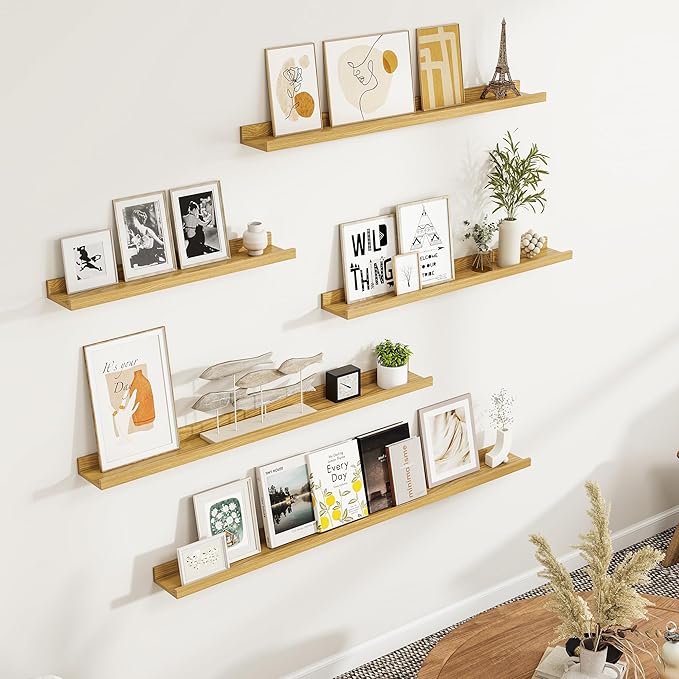 Fun Memories Picture Ledge Shelf, Floating Shelves Set of 4, 36 Inch Picture Shelves for Wall with Ledge, Large Nursery Book Shelf for Toys Storage, Living Room, Bedroom Decor Frames, Oak