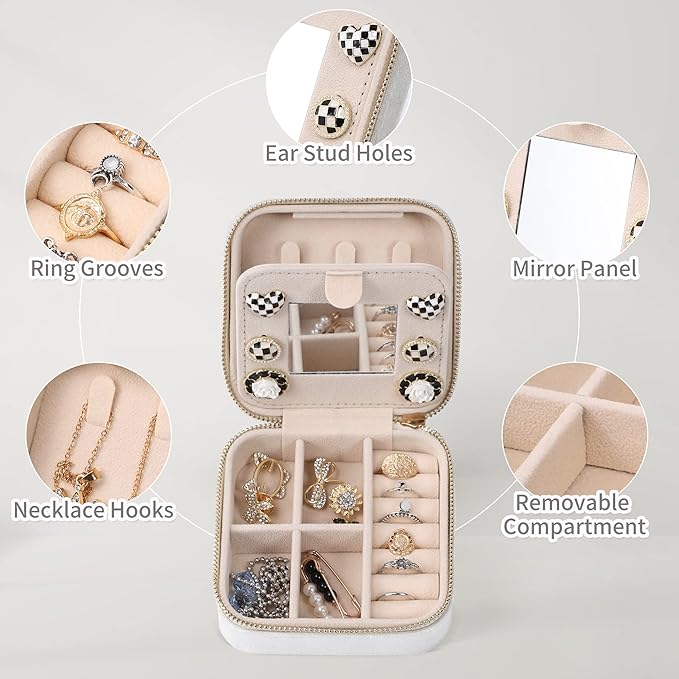 Dajasan Velvet Jewelry Box, Mini Travel Jewelry Case, Portable Travel Jewelry Organizer with Mirror for Birthday Mother's Day Valentine's Day(Beige)