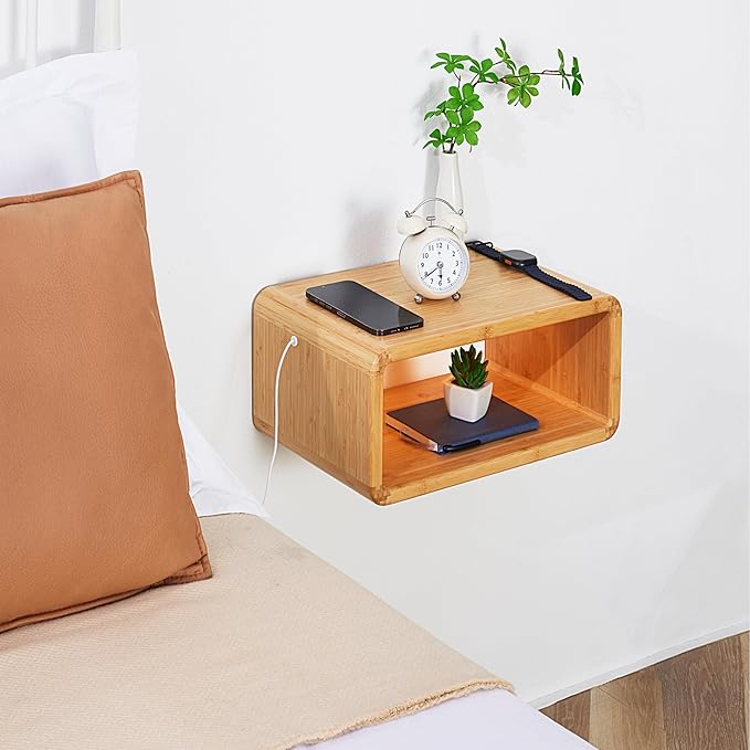 LED Floating Nightstand, Farmhouse Night Stands, 100% Solid Wood Night Stands with Magnetic Storage, Modern Bed Side Table for Bedroom