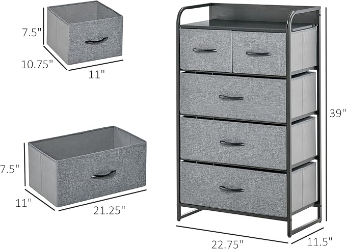 HOMCOM 5-Drawer Fabric Dresser Tower, 4-Tier Storage Organizer with Steel Frame for Hallway, Bedroom and Closet, Grey