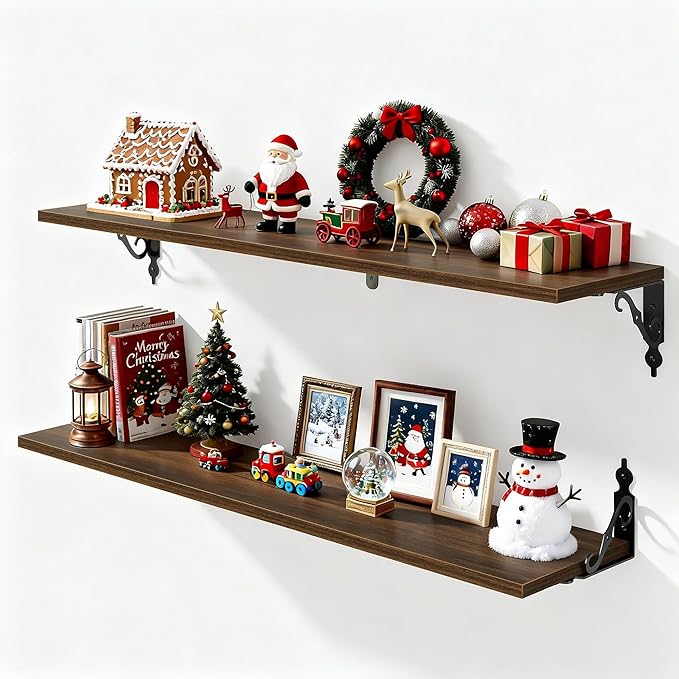 36 Inches Floating Shelves, Rustic Long Wall Shelves, 8 Inch Deep Book Shelf Wall Mounted with Bracket, Wide Display & Storage Shelves for Living Room, Bathroom, Bedroom, Walnut, Set of 2