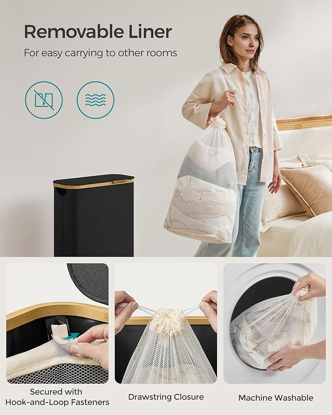 SONGMICS Laundry Hamper with Lid, Slim Laundry Basket, 17.2 Gallons (65L), Space-Saving, Removable Mesh Liner, Bamboo Handles, Collapsible, 16.5 x 8.9 x 27.8 Inches, Ink Black ULCB506B01