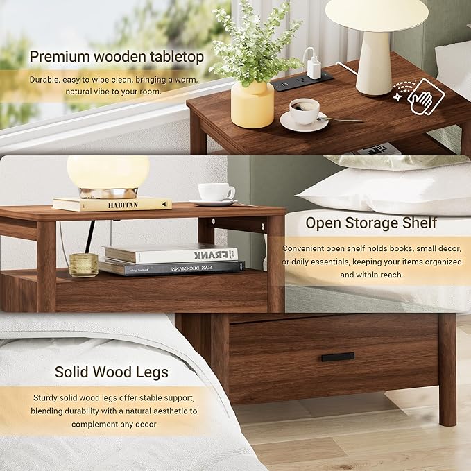 Night Stand Set of 2 with Charging Station, 24" Large Modern Side Table with Solid Round Post Legs, 2 Drawers End Table with Open Shelf, Nightstand for Bedroom, Walnut