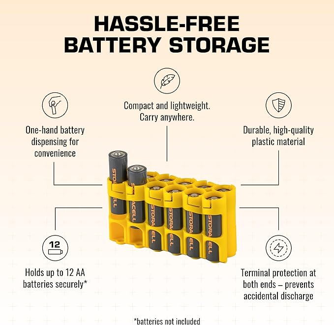 Storacell AA-12 Battery Storage Caddy and Dispenser (Pack of 2), Yellow, Holds 12 AA Batteries (Not Included), Durable & Compact Design, The Original Battery Caddy, Made in The USA