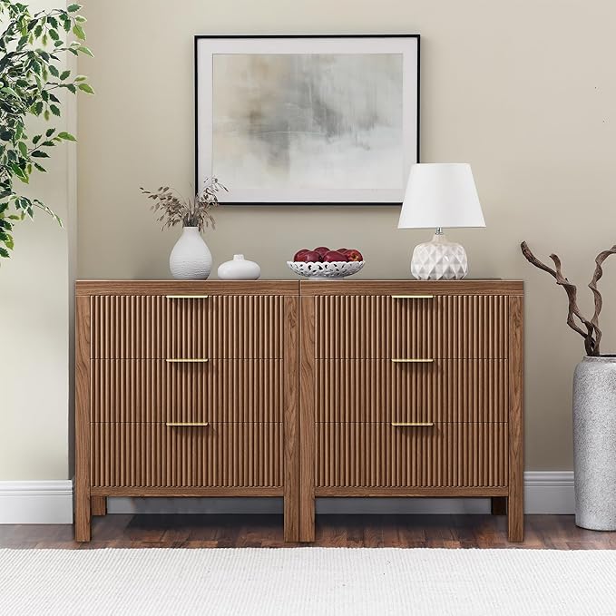 3 Drawer Dresser for Bedroom, Modern Wooden Chest with Handles, Fluted Dresser with Wide Drawers and Bearing Slide for Hallway, Entryway, Walnut