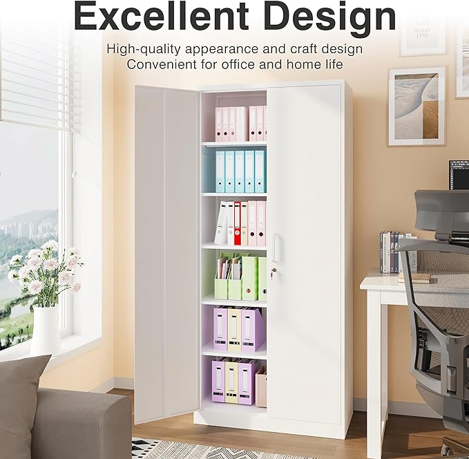 White Metal Storage Cabinet with 2 Doors and 6 Shelves,71" Tall Metal Cabinet with Lock,Lockable Garage Storage Cabinets,Locking File Cabinet,Steel Tool Cabinets for Home,Office,Garage,Shop