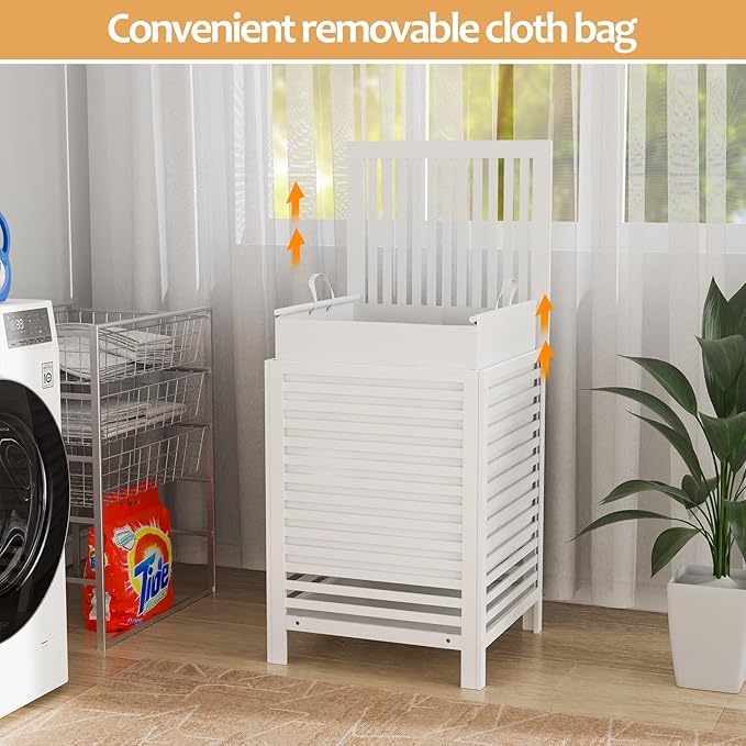VASMIA Laundry Hamper with Lid, 90L Bamboo Large Laundry Basket with Removable Bag,Dirty Clothes Hamper for Bedroom Bathroom White