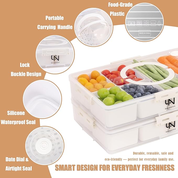 Stackable Snackle Box Container with 2 Lids, 14 Compartments - BPA-Free Snackle box Organizer, Dishwasher & Microwave Safe Reusable Snacklebox for Veggies, Fruits, Charcuterie, Snacks (White, 2 Pack)