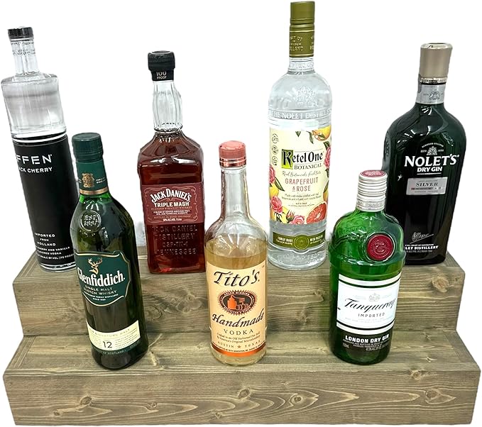 Tiered Bottle Shelf | 2 Tier Liquor Bottle Display | Bar Organization | Display Shelf | Wine Shelf | Bar Display | Kitchen Counter Shelf (42, Weathered Grey)