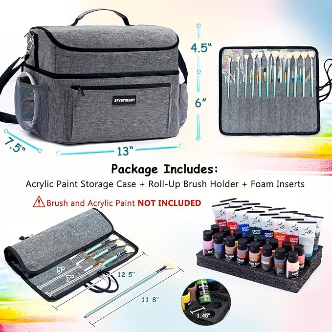 Acrylic Paint Organizer Bag with Washable Roll-Up Brush Holder, 2-Layer Art Supply Case, Large Craft Organizer with Foam Inserts for Apple Barrel, Shuttle Art, Caliart Art Supplies Storage Bag