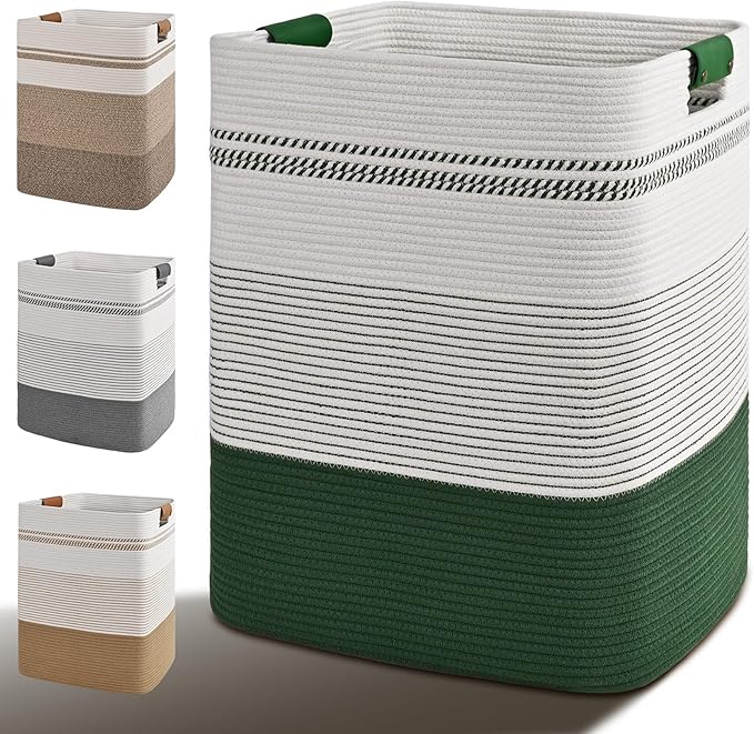 Laundry Hamper, 95L Tall Laundry Basket with Leather Handles, Rectangle Large Clothes Hamper for Organizing, Cotton Woven Laundry Baskets Storage Hampers for Bedroom, Nursery, Living Room