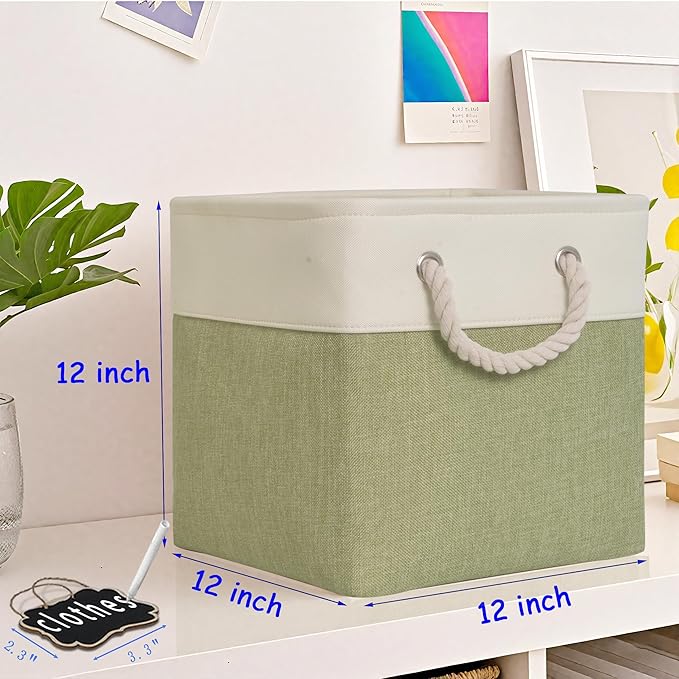 12 inch storage bins[6 Pack],Cube Storage Organizer Bins with Rope Handles, Eco-Friendly Linen Collapsible Organizers for Closet, Nursery, Toys, Office, Bathroom – Dual Color Design.(White&Green)