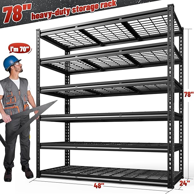 REIBII 3600LBS Garage Shelving 78" H Storage Shelves Heavy Duty 6-Tier Adjustable Matel Shelving Easy Assembly Storage Shelf for Garage Basement Warehouse Pantry, 48" W X 24" D X 78" H