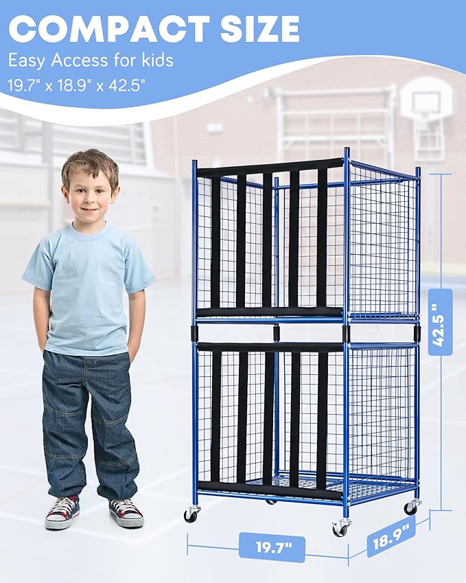 Mythinglogic Rolling Sports Ball Storage Cart, Sports Lockable Ball Storage Locker with Elastic Straps, Stackable Ball Cage for Garage Storage Garage Organizer