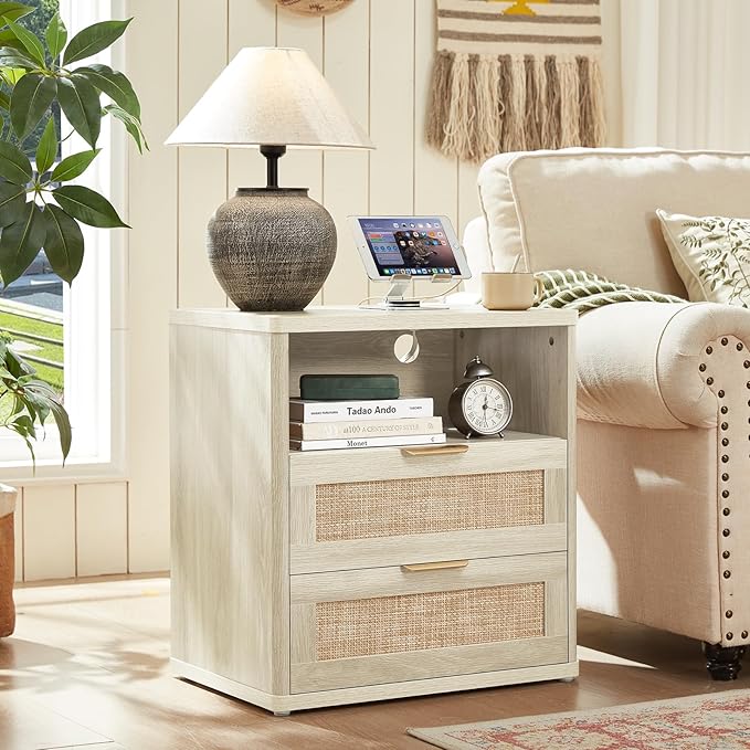 LEYAOYAO Rattan Nightstands Set of 2 with Charger Station, 23" Wide Boho Night Stand with 2 Drawers, Grey White Bedside Table Open Shlef, Bed Side End Table Dresser for Bedroom, Living Room Hallway