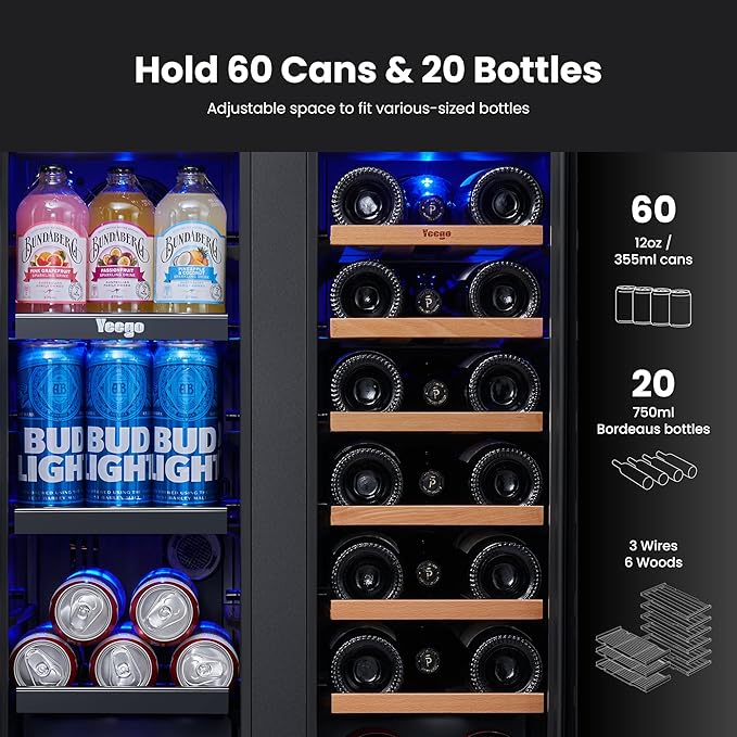 Yeego Wine and Beverage Refrigerator - 24 Inch Dual Zone Wine Fridge 60 Can & 20 Bottle, 36-72°F Cooler Built in Under Counter Fridge with Glass Door for Beer Soda Drink Home Bar Office