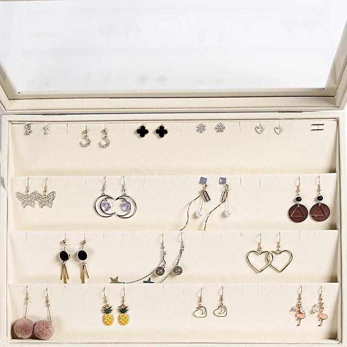 Frebeauty Earring Organizer Tray with Clear Lid 64 Slots Velvet Drawer Insert Earring Storage box with Transparent Glass lid Jewelry Display Case Store Showcase Gifts for Women(Beige, Earrings)