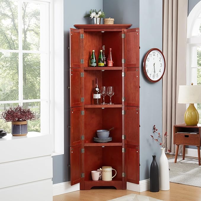 72" H Farmhouse Corner Storage Cabinet with 8 Doors & 4 Shelves, 4 Tier Kitchen Corner Pantry Cabinet Wooden Organizer Case Bookshelf, Home Space Saver Cabinet for Kitchen,Living Room(Cherry)