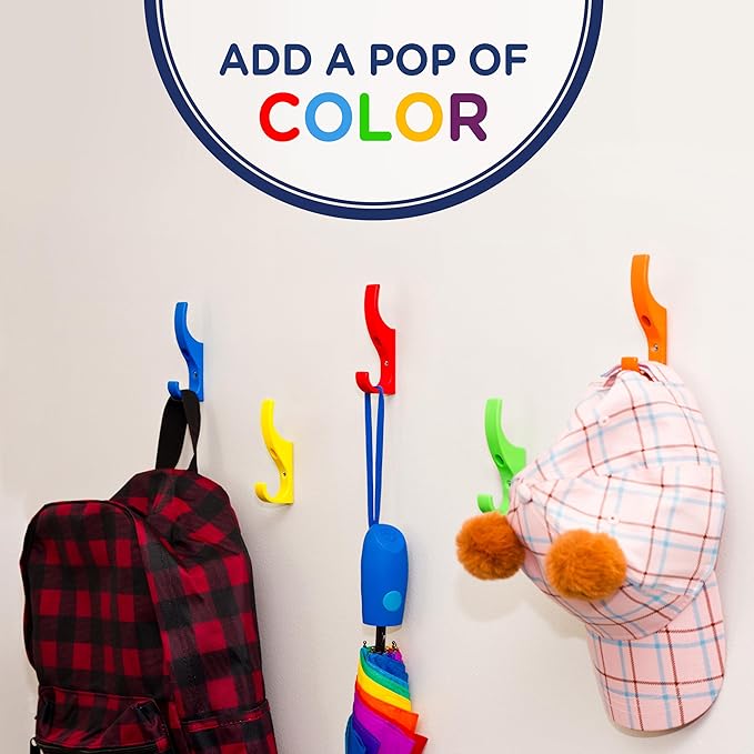 Heavy Duty Hooks for Hanging Coats, Jackets, Backpacks, Baseball Hats - Wall Mounted Rainbow Color Hangers for Kids, Perfect Hook for Classrooms, Bathroom Robes and Towels | Mini Hook 7-Pack