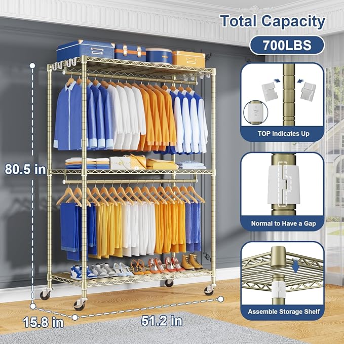 P8 Heavy Duty Clothes Rack（With Extended Width Design） Rolling Clothing Racks for Hanging Clothes，Portable Garment Rack with Lockable Wheels，51.2" W x 15.8" D x 80.5" H，Max Load 700LBS，Gold
