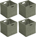 Handwoven Paper Woven Cube Basket Organizer with Handles set of 4 Foldable Storage baskets for Bedroom Living Room Cubby Storage Units for Clothes Books Toys (Green, 13" L x 13" W x 13" H)