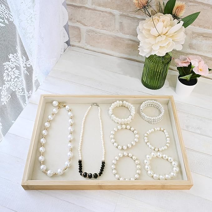 MOOCA 2 Pcs Bamboo Jewelry Display Tray, Presentation Tray, Organizer for Rings, Necklaces, Earrings, and Accessories, Beige Color, 14" W x 9.6" D x 1.2" H