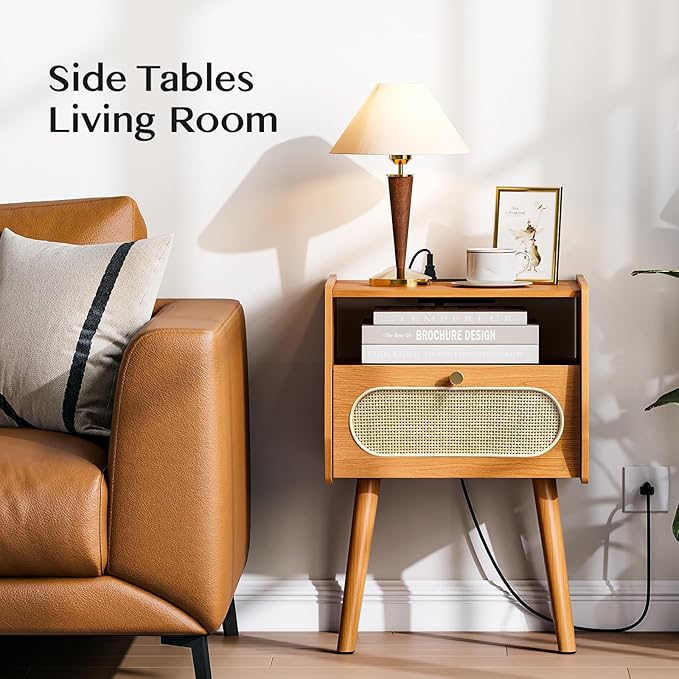 Night Stand Set 2, Mid Century Modern Nightstands, Rattan Bedside Table with Charging Station, Boho End Table with Drawer Storage, Solid Wood Legs Bed Side Tables for Bedroom, Cherry