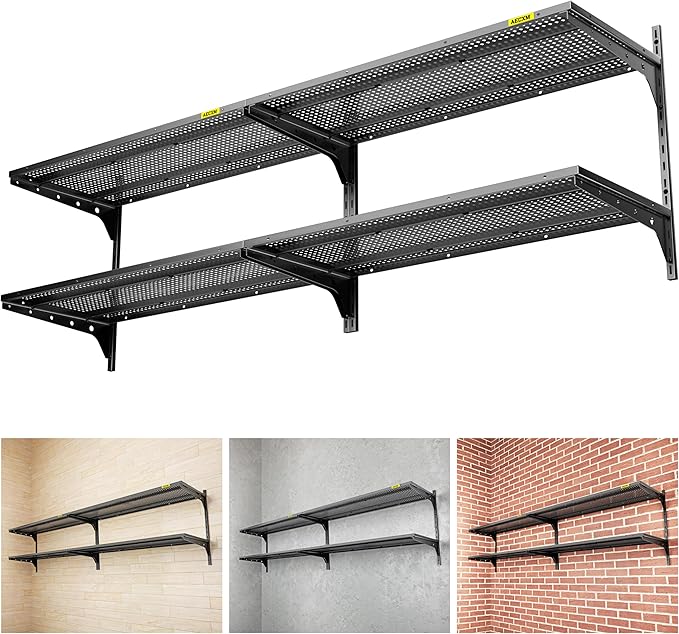 2-Pack 2 Tier 1.3x3ft Garage Shelving Wall Mounted, 500lbs Load Capacity，15.6x36inch per Shelf Height Cassette Adjustable Floating Shelves, Black