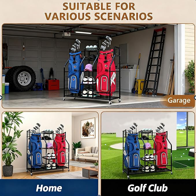 Golf Bag Storage Organizer Stand - Heavy Duty Steel Rack Holds 2 Golf Bags with Central Storage Shelf for Golf Balls, Shoes & Accessories, Space Saving Garage Golf Club Equipment Holder