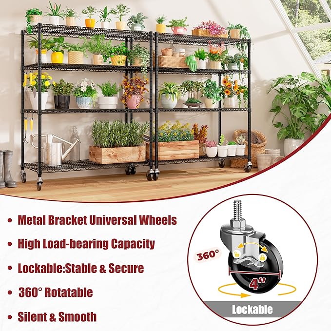 PrimeZone 6 Packs 55.5" W x 24" D x 80" H Heavy Duty Wire Storage Shelves with Wheels, 4 Tier Adjustable NSF Certified Garage Shelving Unit, Rolling Metal Organizer Shelf Rack for Warehouse, Pantry