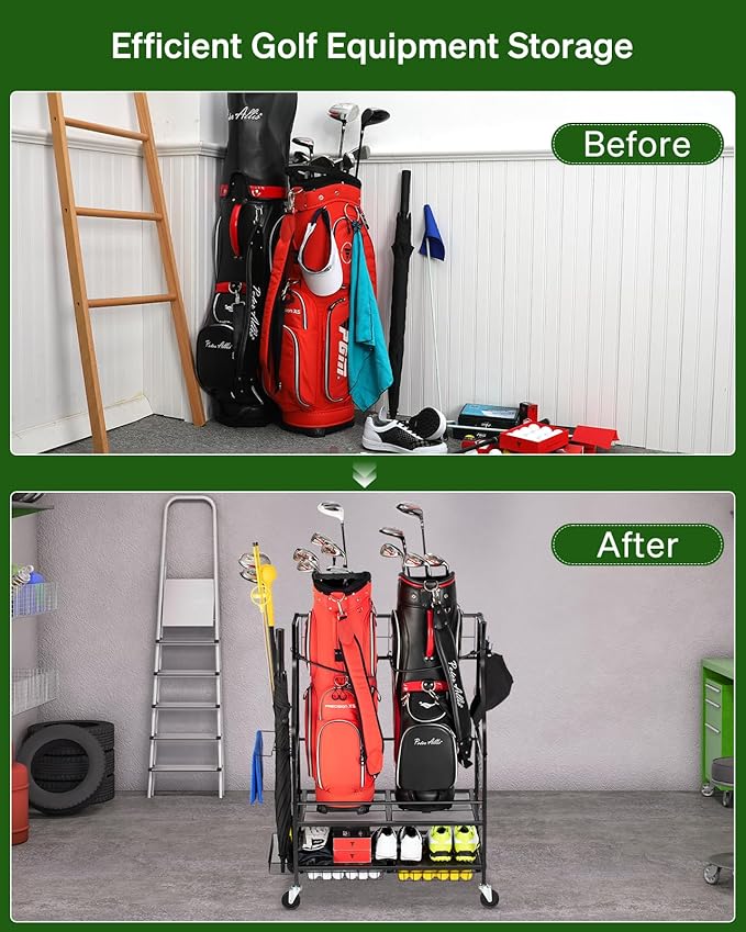 Golf Bag Storage Garage Organizer - Golf Bag Stand Fit for 2 Bag, Extra Clubs, Balls, Shoes, and Golf Equipment Accessories, Golf Storage Rack for Garage, Club, Shed
