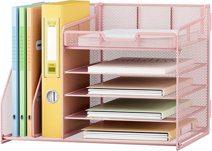 Lavatino 5-Tier Desk Organizer with 2 File Holders, Metal Adjustable Paper Letter Tray for Office or Home Desk Organizers and Accessories | 7 Flexible Dividers Keep Workspace Supplies Neat, Pink