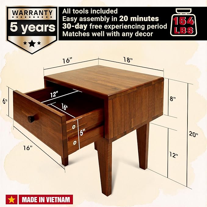 Acacia Sofia Nightstand with Drawer, Bedside Table, Solid Wood Bedside End Table with Drawer and Storage Space for Bedroom, Chocolate