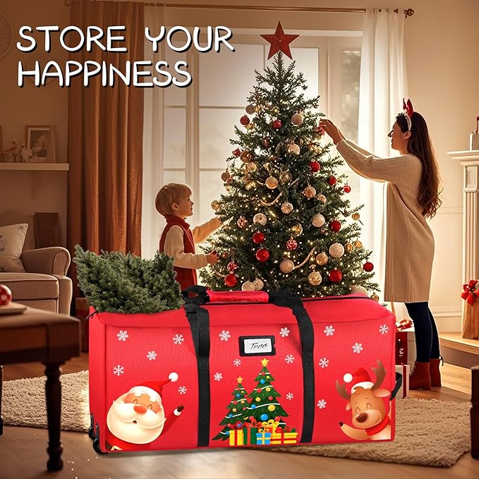 Christmas Tree Storage Bag, Fits Up to 9Ft Xmas Disassembled Tree, Heavy Duty 600D Oxford Christmas Tree Bag Storage Box with Rolling Wheels & Handles, Large Tree Bags for Storage (Red)