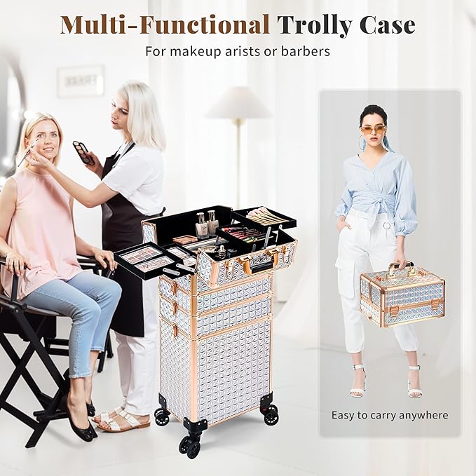 AROUS 5 in 1 Rolling Makeup Train Case Cosmetology Case on Wheels Large Cosmetic Organizer Travel Cart for Hairstylist Artist Nail Beauty Salon Barber,White