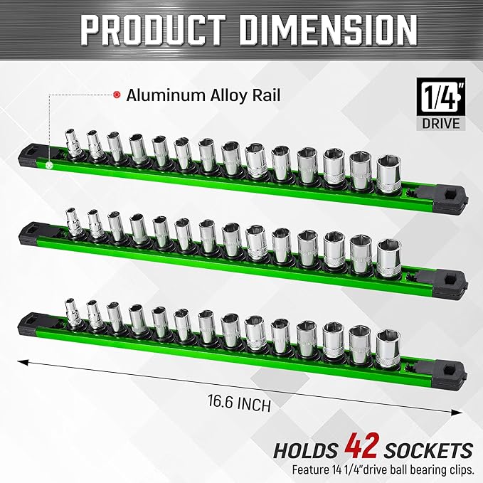 ALOANES 3-Piece Magnetic Socket Organizer, Heavy Duty Aluminum Socket Rails Organizer, 360° Swivel Clips Socket Holder Kit for Tool Box, 1/4-Inch Socket Holder x 42 Clips (Green)