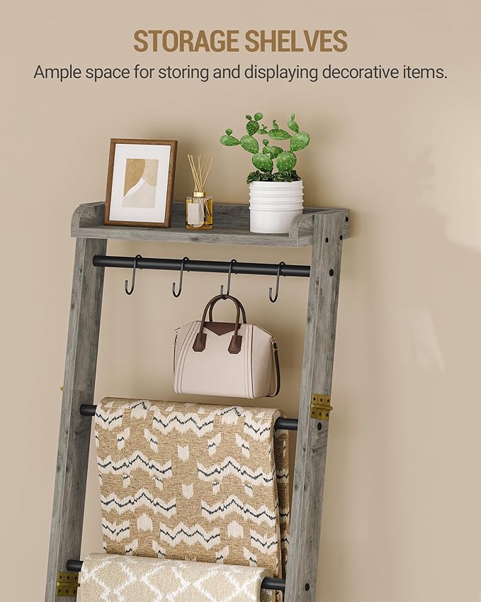Blanket Ladder Shelf, Decorative Quilt Rack, 7-Tier Farmhouse Ladder Holder Organizer with 4 Removable Hooks, Greige BR36805B